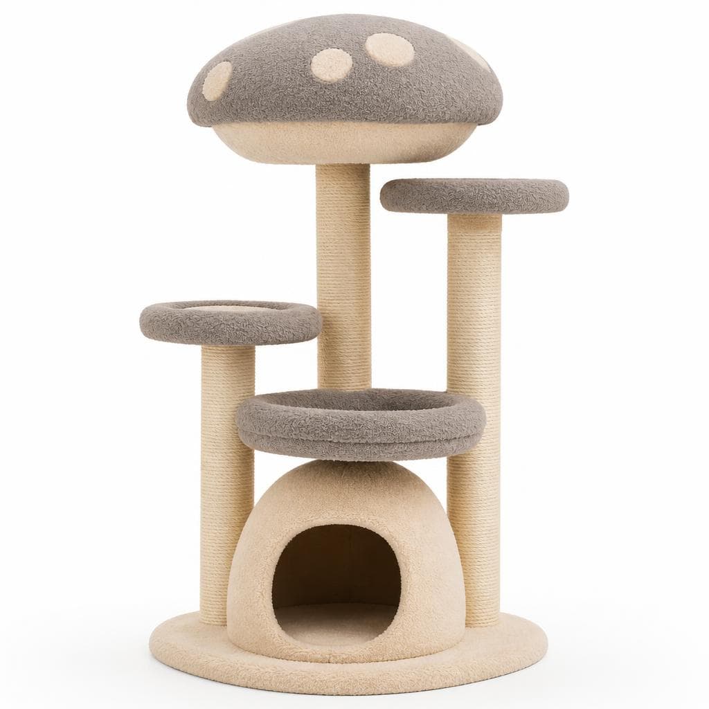 37-inch mushroom-shaped cat tower with three full-height sisal posts and plush tiers, black cat perched at the top in a bright modern living room