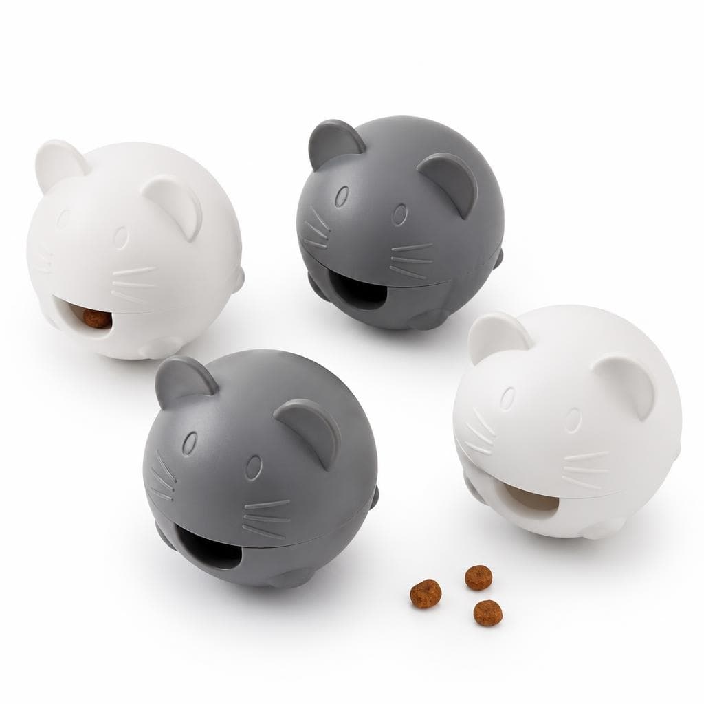 Four hard-shell treat-dispensing balls in mice shapes on a light wood floor, kibble pieces scattered nearby