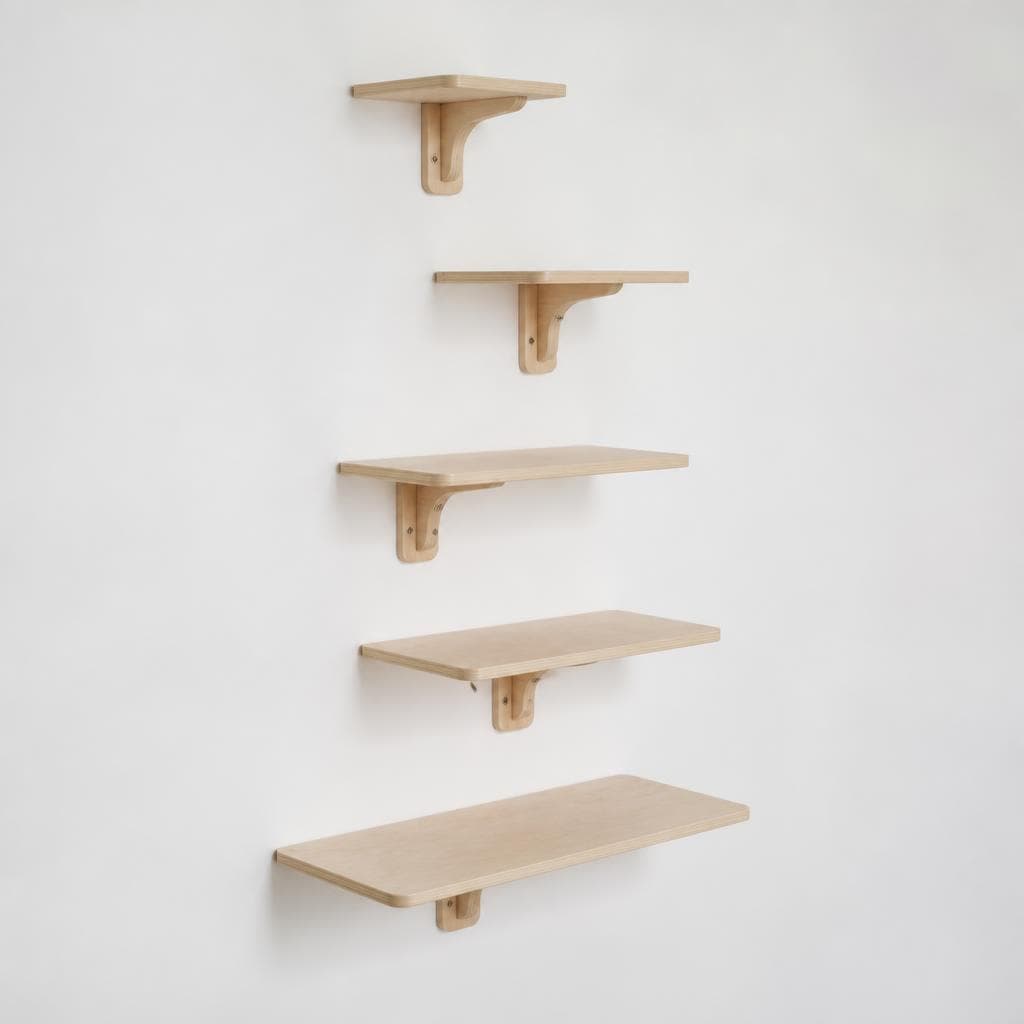 Five-tier real wood cat wall shelf system spanning floor to ceiling, two cats on different tiers in a modern apartment
